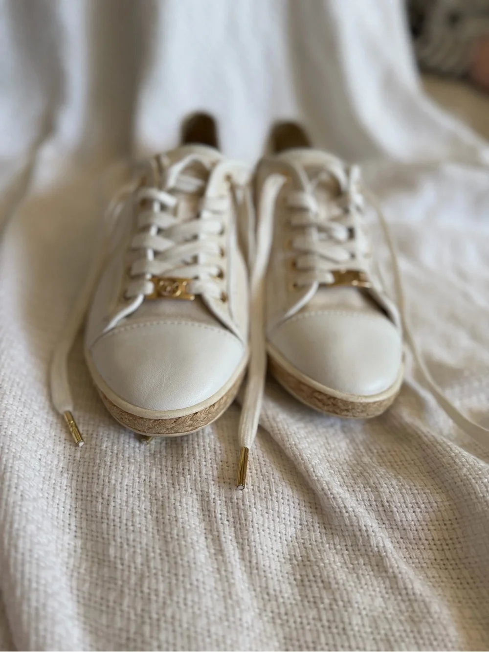 Michael Kors Cream Canvas & Leather Lace-Up Sneakers with Gold Accents